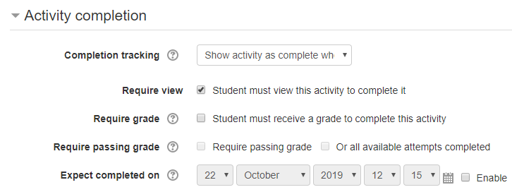 Moodle Activity Completion, which lets you set how and what Moodle will track in its activity completion tracking.